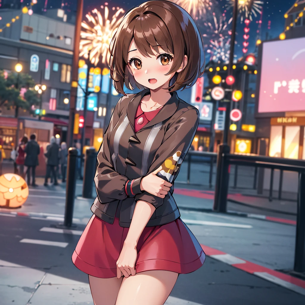 masterpiece, highest quality, High resolution, Gloria1, 1 Girl, Gloria\(Pokémon\), Brown Hair, , Brown Eyes, , Short Hair, , Bobcut, bangs, , 　１Describe a girl carefully　１Girl　Expression in love　blush　Open Mouth　blush　In town　Jacket　shirt　mini skirt　Night Moon　firework　Festivals