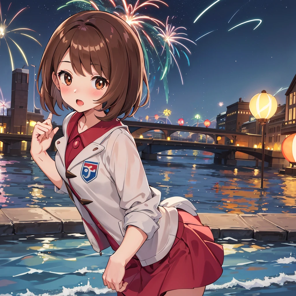 masterpiece, highest quality, High resolution, Gloria1, 1 Girl, Gloria\(Pokémon\), Brown Hair, , Brown Eyes, , Short Hair, , Bobcut, bangs, , 1Describe a girl carefully 1Girl Expression in love blush Open Mouth blush In town Jacket shirt mini skirt Night Moon firework Festivals