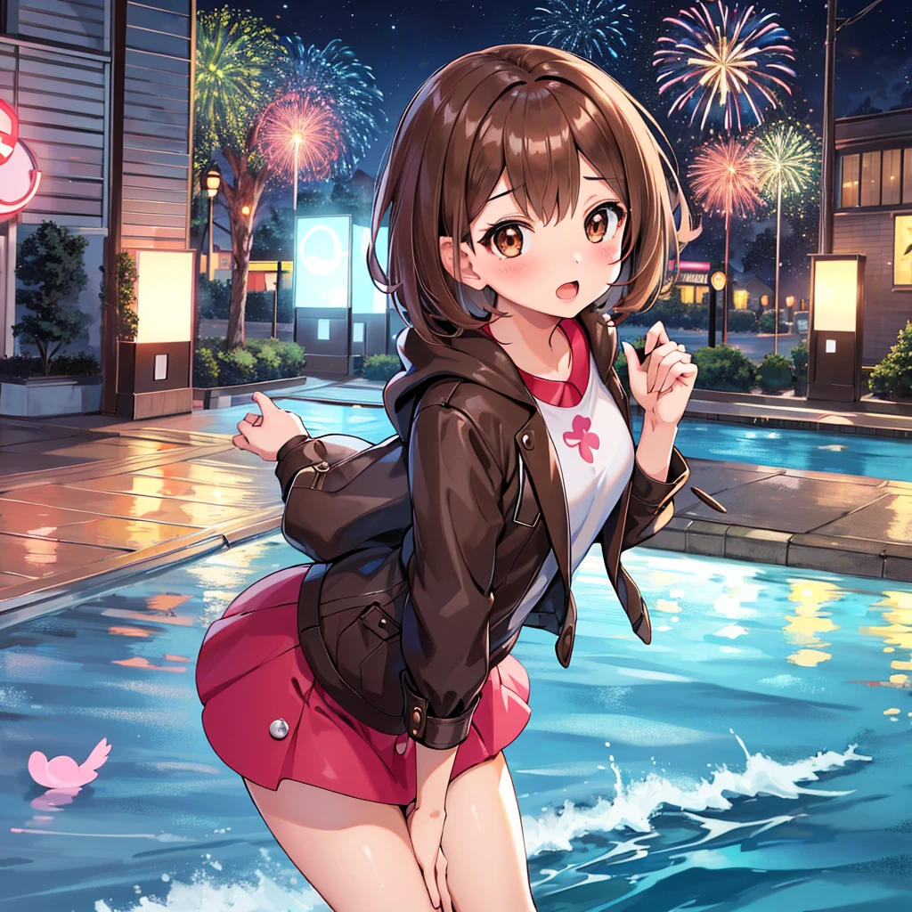 masterpiece, highest quality, High resolution, Gloria1, 1 Girl, Gloria\(Pokémon\), Brown Hair, , Brown Eyes, , Short Hair, , Bobcut, bangs, , 1Describe a girl carefully 1Girl Expression in love blush Open Mouth blush In town Jacket shirt mini skirt Night Moon firework Festivals