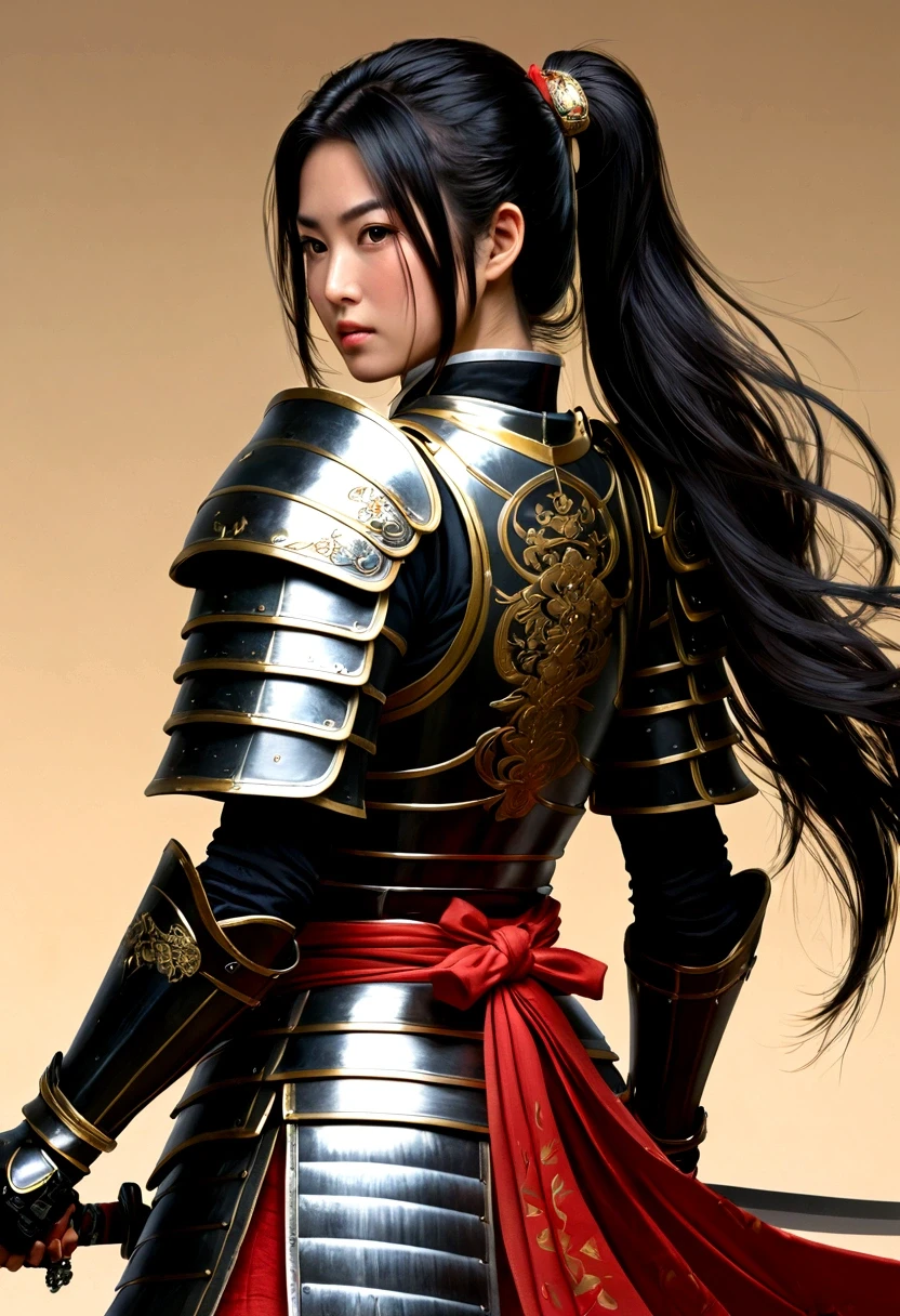 a picture of Japanese female knight, she has long black hair, wearing samurai armor, armed with a katana, ready for battle, ((shot taken from the back)), Japanese fantasy art, (Masterpiece: 1.5), 16k, highres, best quality, high details, ultra detailed, masterpiece, best quality, (extremely detailed), arafed, dnd art, JapaneseKatana