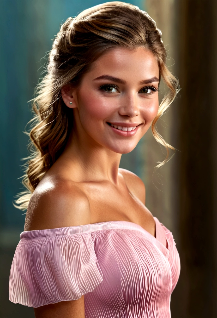 1girl, off-the-shoulder dress, slight smile, glowing skin, best quality, masterpiece, (photorealistic:1.4)