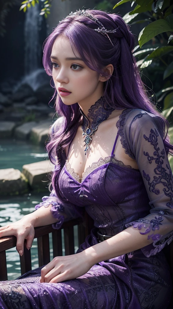 HDR 10, beautiful girl, detailed eyes, detailed lips, very long hair, purple hair, ultra detailed texture, water drops, outdoors, game of thrones, purple heavy dress, (high detailed purple dress:1.5), lace, loops, soft lighting, attractive poses,