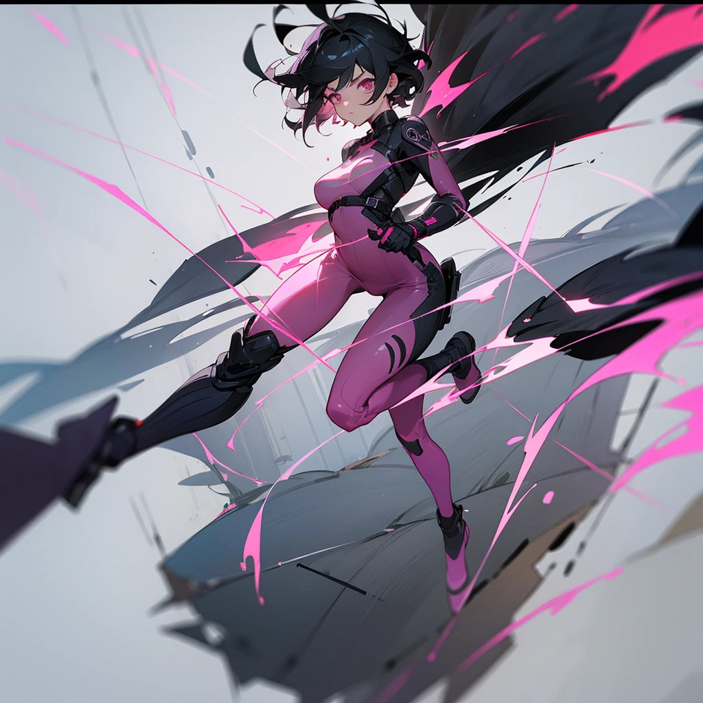 1female, young adult, finely detailed pink eyes, wild short hair, black hair, full body combat suits, loose pants, standing on ruined building, night time, serious expression