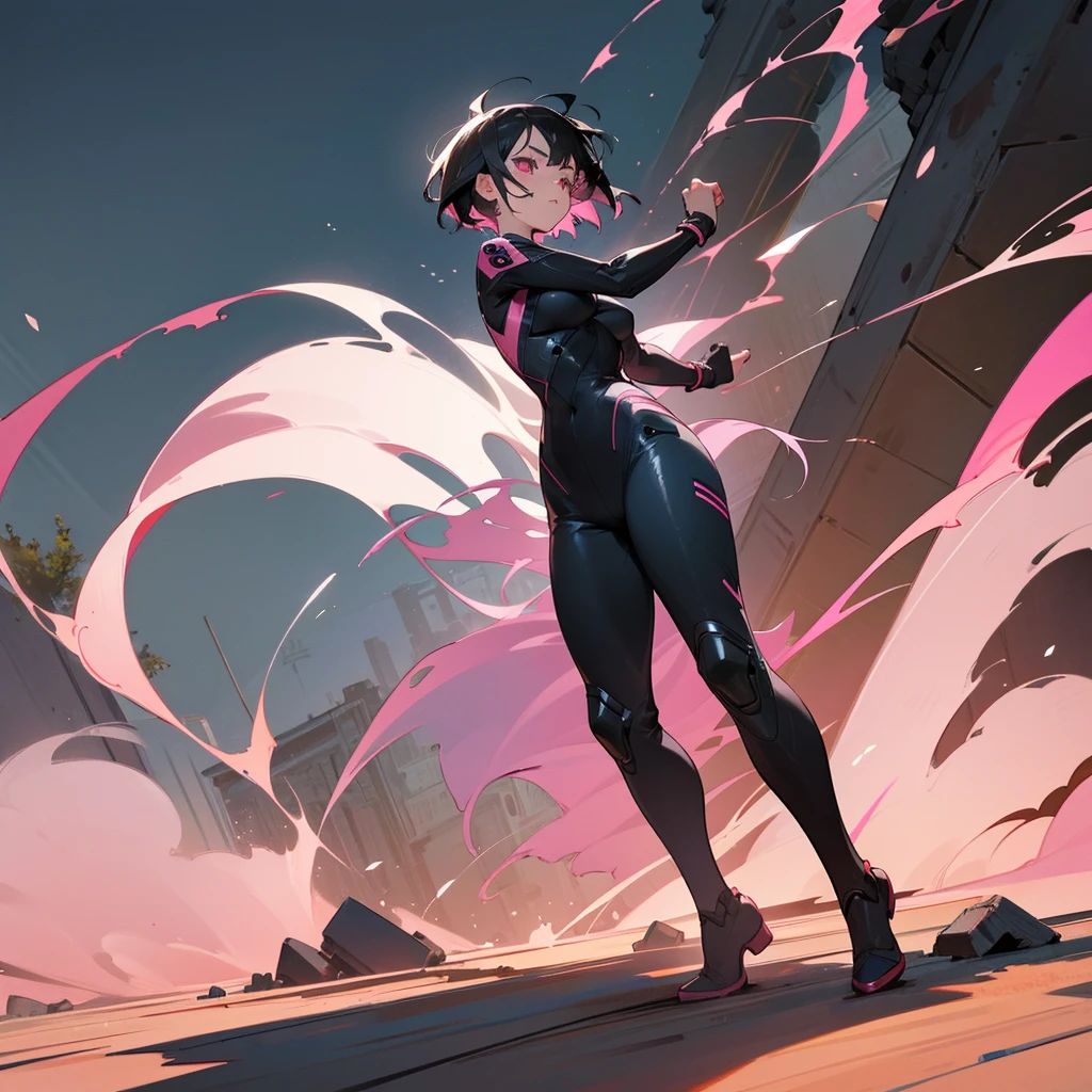 1female, young adult, finely detailed pink eyes, wild short hair, black hair, full body combat suits, loose pants, standing on ruined building, night time, serious expression