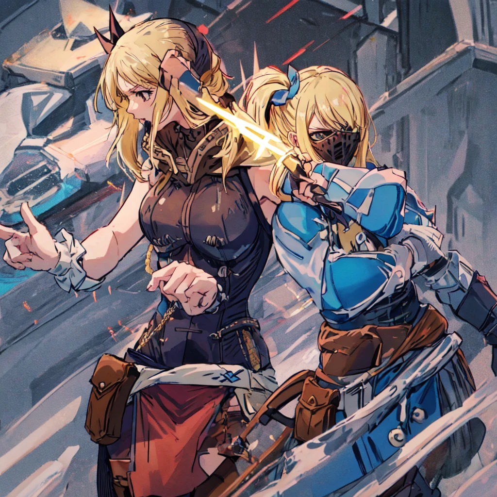 (best quality, masterpiece, )sleeveless shirt, blue armored vest with yellow frills and buttons, side ponytail, hair ribbon, bare shoulders, white skirt, brown thigh boots, belt, hood, armor, spikes, full body image, lucy heartfilia wearing darth marr armor, side ponytail covered by hood, not wearing mask, waist skirt, holding lightsaber,