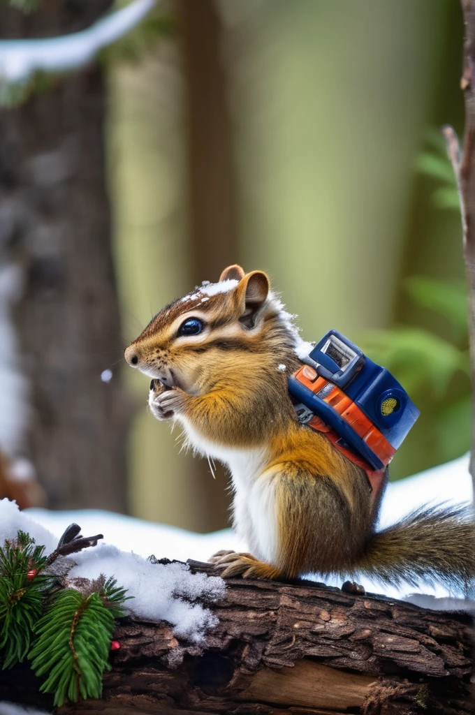 RAW Photos, delicate, highest quality,Hyper Detail, In detail, 8k, 32k, masterpiece,(Ultra-high resolution:1.2),Chipmunk in a spacesuit、Take a helmet、The mission to the moon is ready, In the snowy forest、Cloudy Trees々and crunchy, cold,Hide in burrows and tree holes,Rim Light