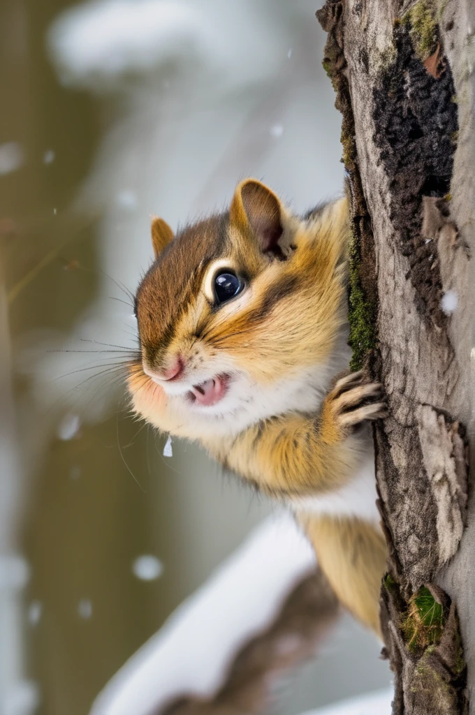 RAW Photos, delicate, highest quality,Hyper Detail, In detail,  8k, 32k, masterpiece,(Ultra-high resolution:1.2),Chipmunk in a spacesuit、Take a helmet、The mission to the moon is ready, In the snowy forest、Cloudy Trees々and crunchy, cold,Hide in burrows and tree holes,Rim Light