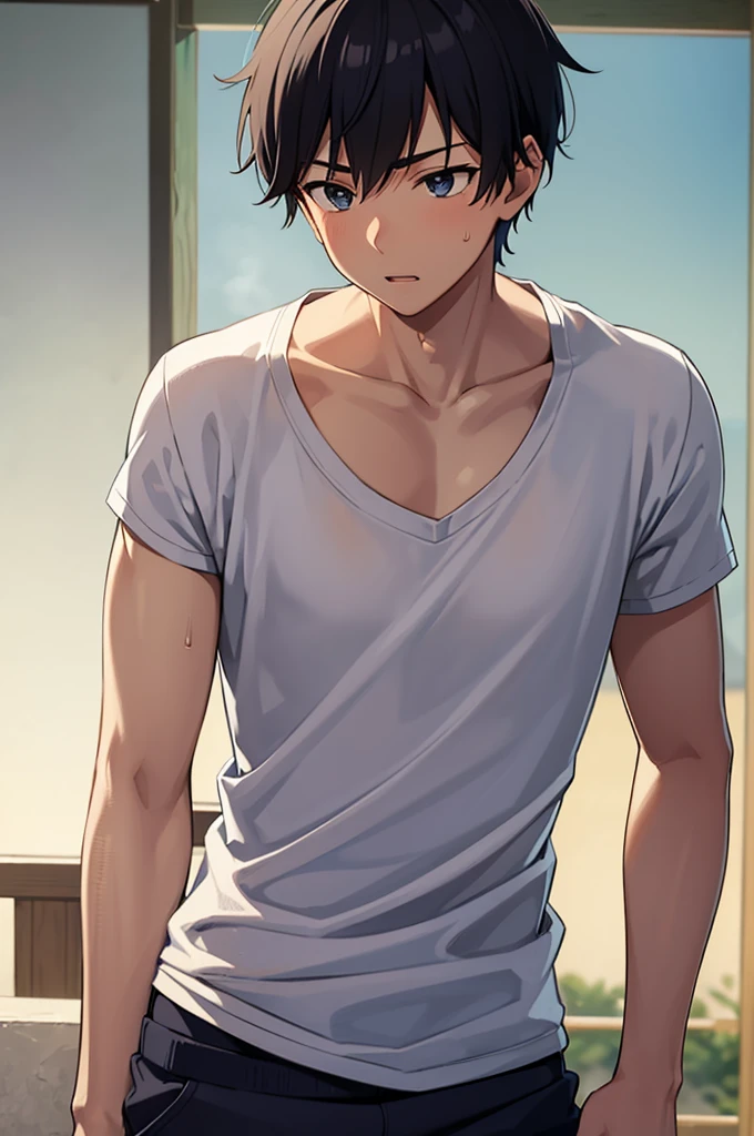 cool,,,,Refreshing athletic guy,,,boy,charm,Action,Vibrancy,Japanese high school student style,Magazine talent style,clavicle,thin limbs,Male Focus,main character,Buddy,Gentle Breeze,Dust,Natural light,Big white shirt,face,hand,eye,