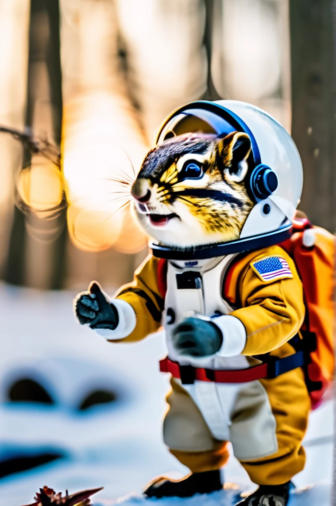 RAW Photos, delicate, highest quality,Hyper Detail, In detail, 8k, 32k, masterpiece,(Ultra-high resolution:1.2),Chipmunk in a spacesuit、Take a helmet、The mission to the moon is ready, In the snowy forest、Cloudy Trees々and crunchy, cold,Hide in burrows and tree holes,Rim Light
