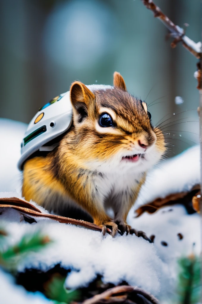 RAW Photos, delicate, highest quality,Hyper Detail, In detail, 8k, 32k, masterpiece,(Ultra-high resolution:1.2),Chipmunk in a spacesuit、Take a helmet、The mission to the moon is ready, In the snowy forest、Cloudy Trees々and crunchy, cold,Hide in burrows and tree holes,Rim Light