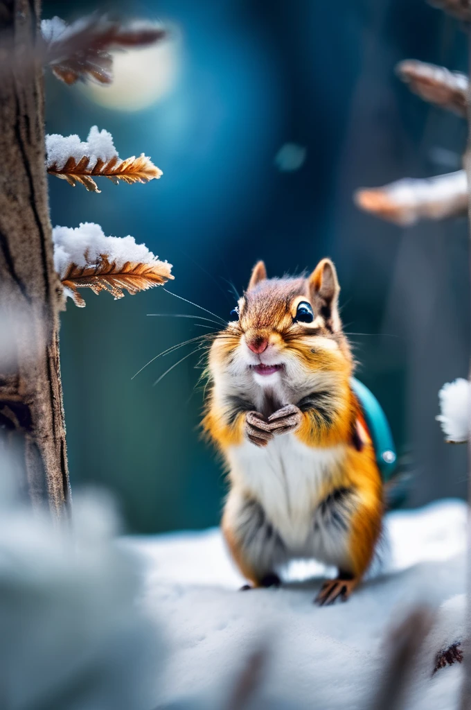 RAW Photos, delicate, highest quality,Hyper Detail, In detail,  8k, 32k, masterpiece,(Ultra-high resolution:1.2),Chipmunk in a spacesuit、Take a helmet、The mission to the moon is ready, In the snowy forest、Cloudy Trees々and crunchy, cold,Hide in burrows and tree holes,Rim Light