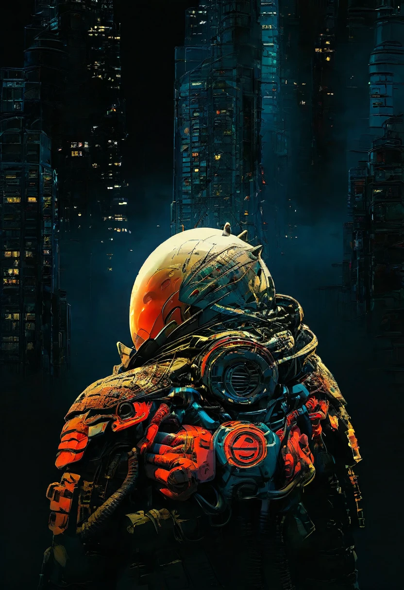 wide long shot, ((a man in a hooded futuristic suit with his back to the camera:1.5)), standing on a ledge, looking at a futuristic city at night, a dark cityscape with bright lights (best quality, 4k, 8k , high resolution, masterpiece: 1.2), ultra detailed (realistic, photorealistic, photorealistic: 1.37), cinematic lighting, dramatic shadows, moody atmosphere, intricate details, bright city lights, advanced technology, retro-futuristic architecture, dynamic pose, hood that casts shadows on the face, intense gaze