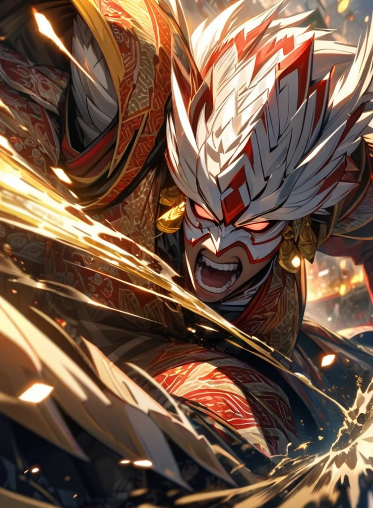 ,absurdres, highres, ultra detailed, HDR, masterpiece, extremely detailed face and eyes,Indonesian Super Hero costume,,red and white Garuda costume, Garuda eagle mask, , Indonesia batik pattern , solo, man, handsome, ,, , Epic fight scene, golden splashing effect, golden effect,glowing glitters