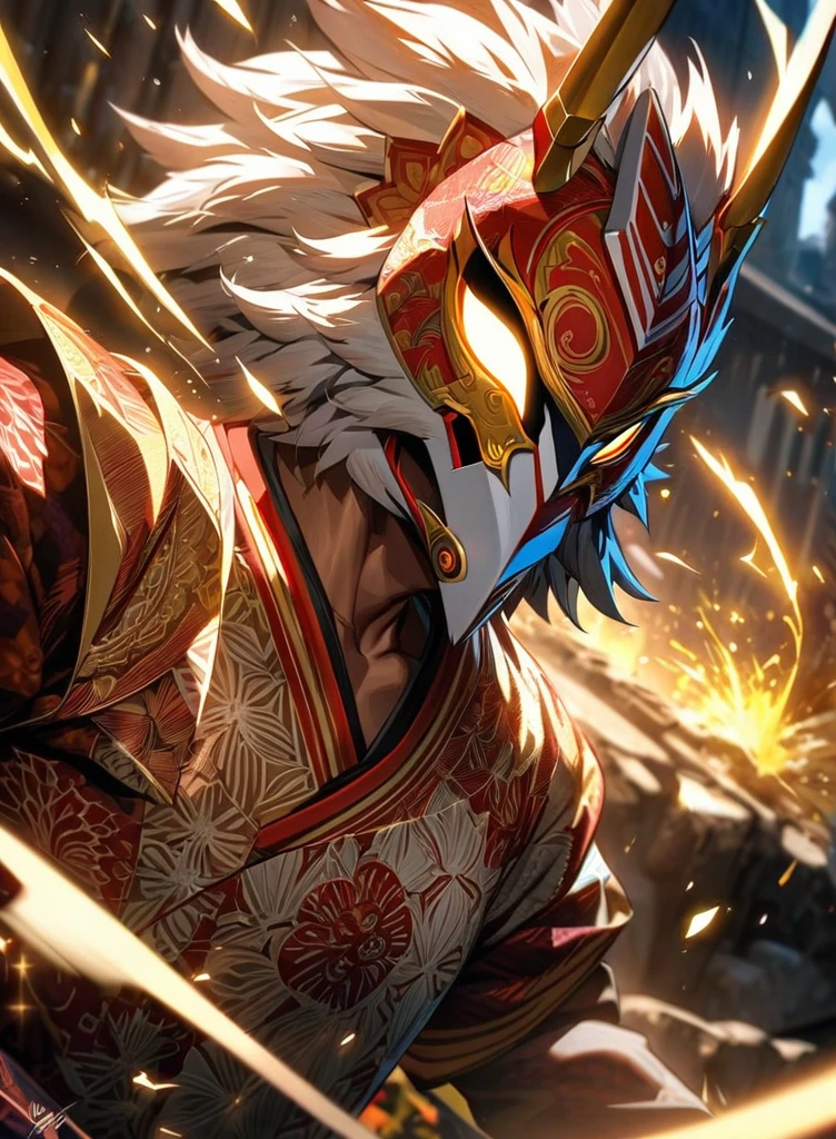 ,absurdres, highres, ultra detailed, HDR, masterpiece, extremely detailed face and eyes,Indonesian Super Hero costume,,red and white Garuda costume, Garuda eagle mask, , Indonesia batik pattern , solo, man, handsome, ,, , Epic fight scene, golden splashing effect, golden effect,glowing glitters