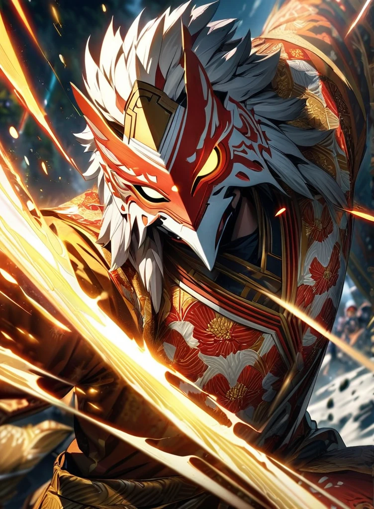 ,absurdres, highres, ultra detailed, HDR, masterpiece, extremely detailed face and eyes,Indonesian Super Hero costume,,red and white Garuda costume, Garuda eagle mask, , Indonesia batik pattern , solo, man, handsome, ,, , Epic fight scene, golden splashing effect, golden effect,glowing glitters