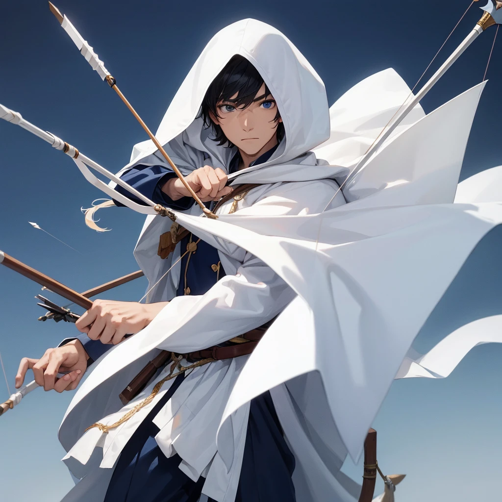 Man character in white cloak with navy symbol using bow and arrows 