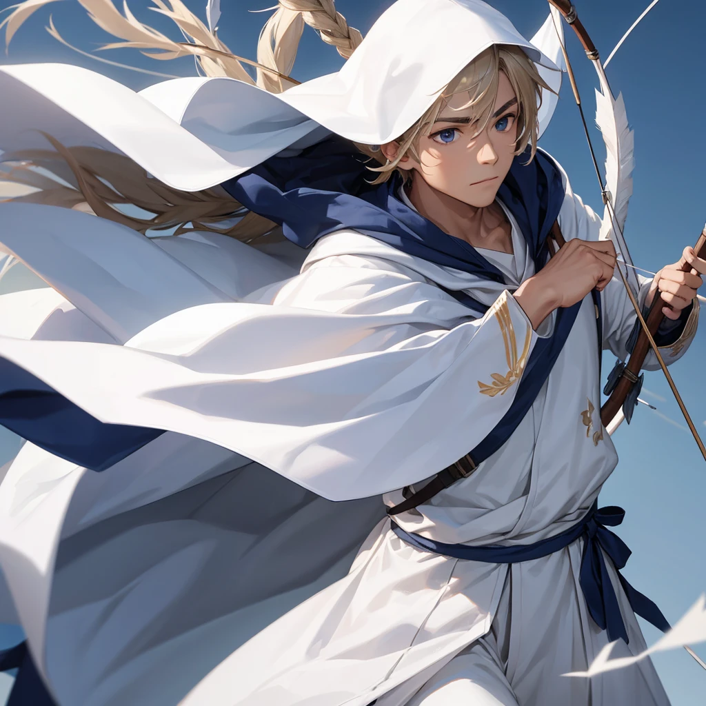 Man character in white cloak with navy symbol using bow and arrows 