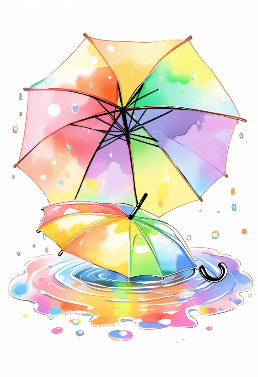 An umbrella lying on a white background, in puddle, rainbow coloured watercolor style umbrella.
