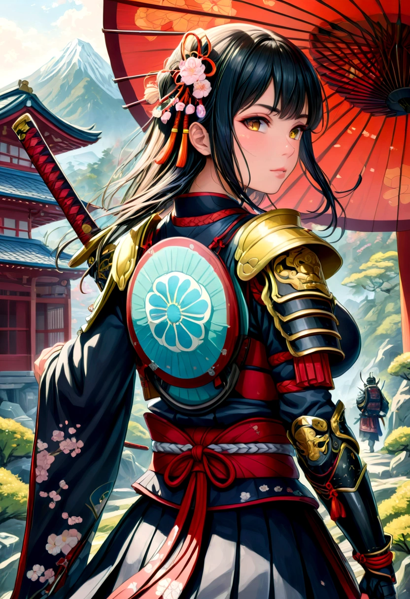 Ukiyoe style, a picture of Japanese female knight, she has long black hair, wearing samurai armor, armed with a katana, ready for battle, ((shot taken from the back)), Japanese fantasy art, (Masterpiece: 1.5), 16k, highres, best quality, high details, ultra detailed, masterpiece, best quality, (extremely detailed), arafed, dnd art, JapaneseKatana