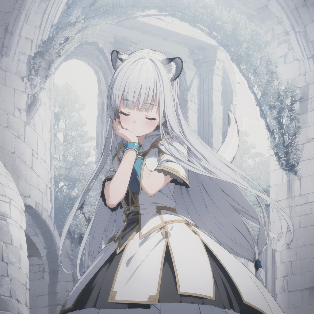((masterpiece)), (best quality), (ultra-detailed), photorealistic, (best illustration), ((an extremely delicate and beautiful)), 1girl, solo, long hair, tiger ears, [:tiger tail under:0.2], white hair, two-tone hair, full body, long blue cape, (Alternative outfit:1), platinum armor, cross-laced, standing, closed eyes, smile, black skirt, short sleeves, detailed scenery, blue sky, horizon, low twin braids, twin braids, hair ornament, bracelet, (knight outfit:0.9), blush, wearing white hood, Cute but Formidable, girl knight, armor on body, huge wings behind.  