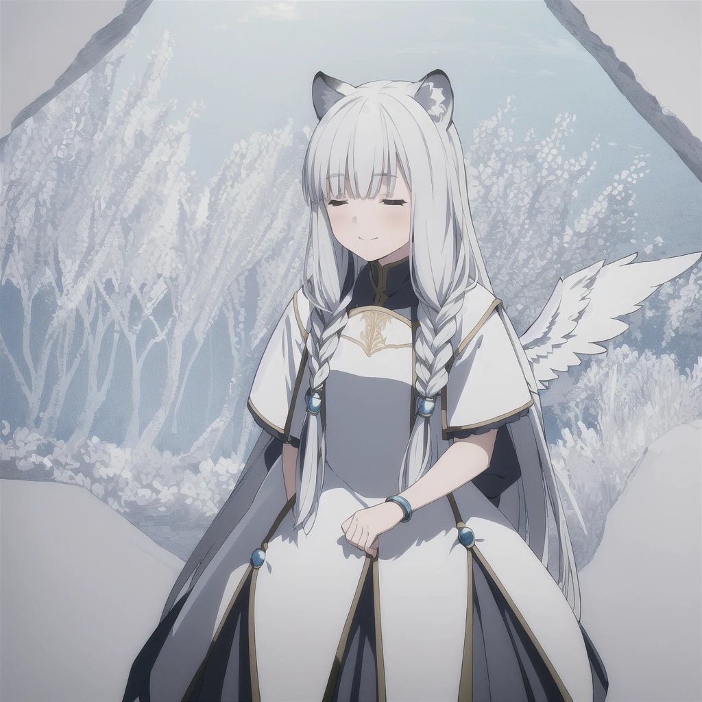 ((masterpiece)), (best quality), (ultra-detailed), photorealistic, (best illustration), ((an extremely delicate and beautiful)), 1girl, solo, long hair, tiger ears, [:tiger tail under:0.2], white hair, two-tone hair, full body, long blue cape, (Alternative outfit:1), platinum armor, cross-laced, standing, closed eyes, smile, black skirt, short sleeves, detailed scenery, blue sky, horizon, low twin braids, twin braids, hair ornament, bracelet, (knight outfit:0.9), blush, wearing white hood, Cute but Formidable, girl knight, armor on body, huge wings behind.  