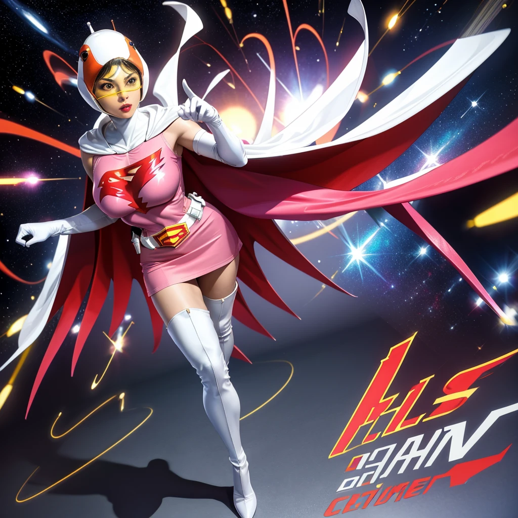 ANI_CLASSIC_jun_gatchaman_ownwaifu,1girl, 15yo,good anatomy, masterpiece, best quality,realistic, hyper realistic, 16k hdr, long hair,breasts,lips,large breasts,lipstick,makeup,gloves,cape,helmet,belt,elbow gloves,white gloves,mask,ultra miniskirt,leotard,spacesuit,white tight overknee highheels boots,pink dress,superhero,bodysuit,cleavage,erected nipples,(stand pose,hands on hip),(spread legs:1.1),cameltoe