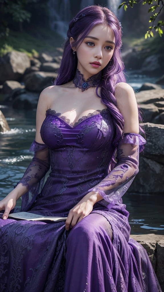 HDR 10, beautiful girl, detailed eyes, detailed lips, very long hair, purple hair, ultra detailed texture, water drops, outdoors, game of thrones, purple heavy dress, (high detailed purple dress:1.5), lace, loops, soft lighting, attractive poses,
