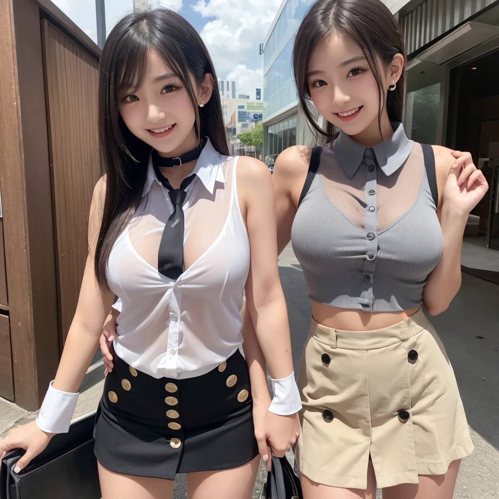 Two women dressed identically pose for a photo in a parking lot, Ayami Kojima and Ryde Caldwell, Lace style, Playboy Style, hayao miyazki, r6, RB6s), Robotech Styling, by Tadashi Nakayama, Happy!!!, mayuri shiina, Ridiculous, sakimichan hdri, RB6S