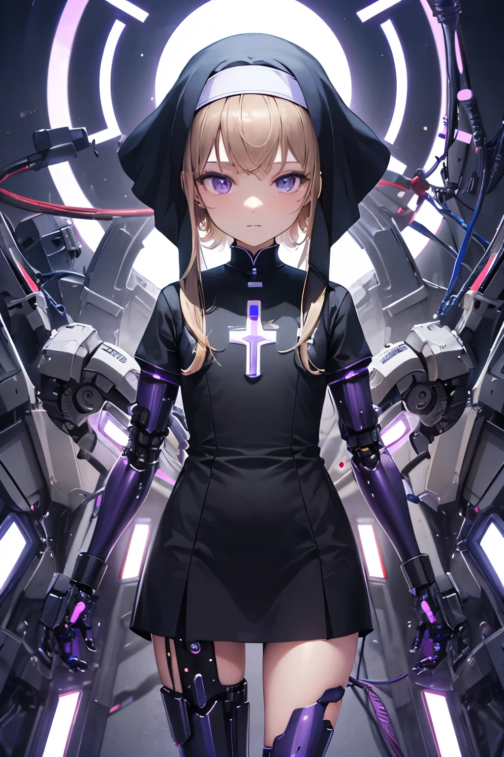 girl ,girl 12 year old , mechanical face , futuristic nun dress ,flat chest ,long brown hair frinje ,(loli body), mechanic-headband, purple leds ,purple light auréola ,nucleo de energia purple no peito , quality, 8k ,nun uniform , Cyborg arms. Mechanical Limbs Metal, Mechanical legs .Power cablles conected in machine. Circuitos , praying.