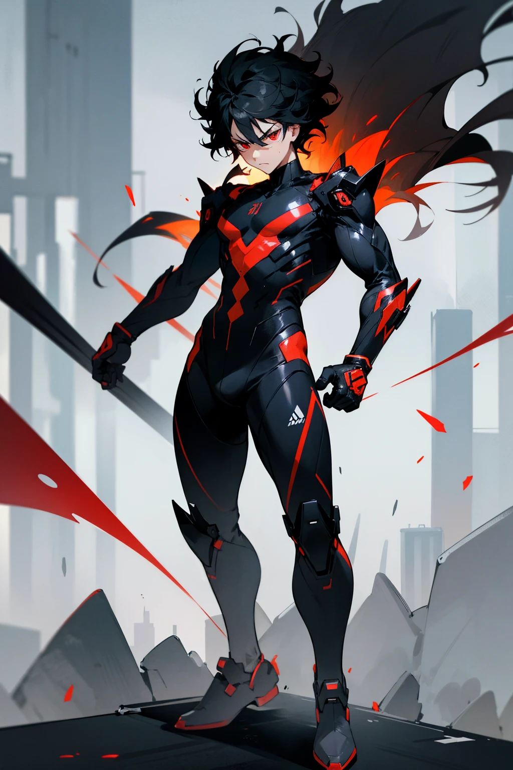 1male, black hair, wild hair, two toned hair, red eyes, full body combat suit, angered expression, black suit, white two toned suit, city background, standing on path, hands behind back