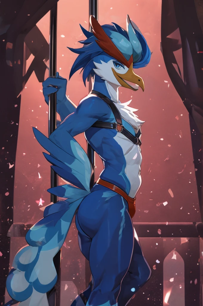 ,full-body-shot:1), (highly detailed:1.2),(detailed face:1.2), ,, ((portrait)), (dynamic pose:1.2), male quaquaval, Pokémon, furry Bird, anthro , wavy long blue hair , y slutty male, femboy, pole dancing, bulge on jockstrap , slutty dancer, Lascivious look, smiling lew looking at viewer, Cowboy shot, Chest harness, poledance, pole, twink, ss, tichk tts, 