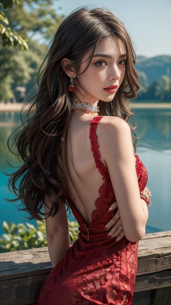 8k, masterpiece, 1 girl, beautiful face, very long hair, light makeup, detailed eyes, detailed lips, small figure, detailed dress, red dress, (wearing jewellery:1.8), (red lace:1.4), ((lake:1.4)),