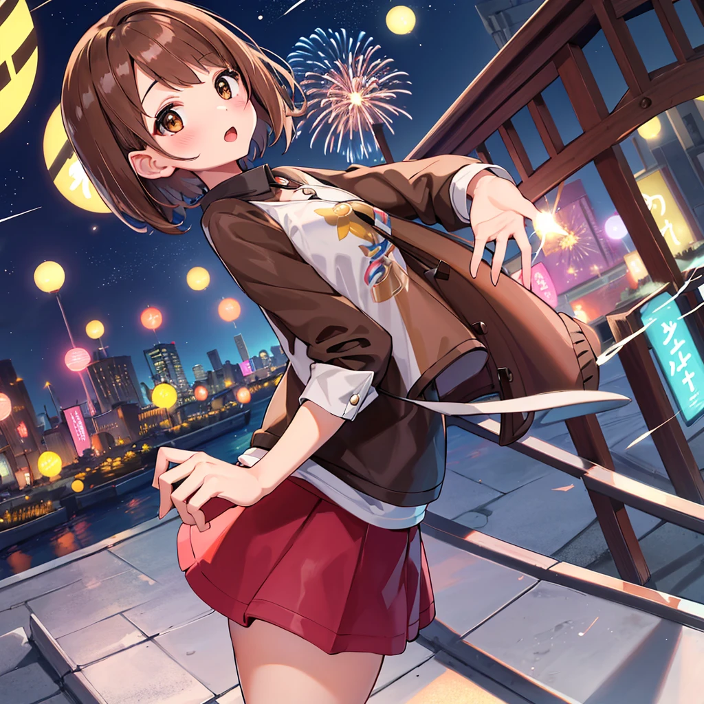 masterpiece, highest quality, High resolution, Gloria1, 1 Girl, Gloria\(Pokémon\), Brown Hair, , Brown Eyes, , Short Hair, , Bobcut, bangs, , 1Describe a girl carefully 1Girl Expression in love blush Open Mouth blush In town Jacket shirt mini skirt Night Moon firework Festivals