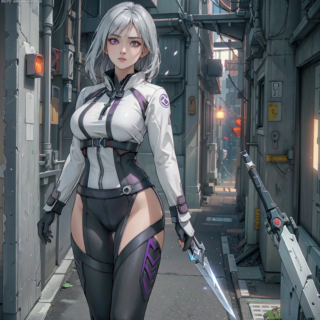 a mature woman with long gray white hair, naked body, bright purple eyes, big breasts, perky thighs,, smooth body. Japan style, sword blade
colorful, hdr, ray tracing, nvidia rtx, super-resolution, unreal 5, subsurface scattering, pbr texturing, post-processing, anisotropic filtering, depth of field, maximum clarity and sharpness, rule of thirds, 16k raw, (luminescent particles:1.4), extremely detailed cg, unity 8k wallpaper, 3d, cinematic lighting, lens flare, reflections, sharp focus, cyberpunk art, realistic, highly detailed CG illustration, an extremely delicate and beautiful, cinematic light, (photorealistic:1.5), (Dark background:1.5), dynamic angle, masterpiece, best quality, ultra-detailed, illustration, detailed light, dramatic_shadow, face shadow, extra detailed, best performance