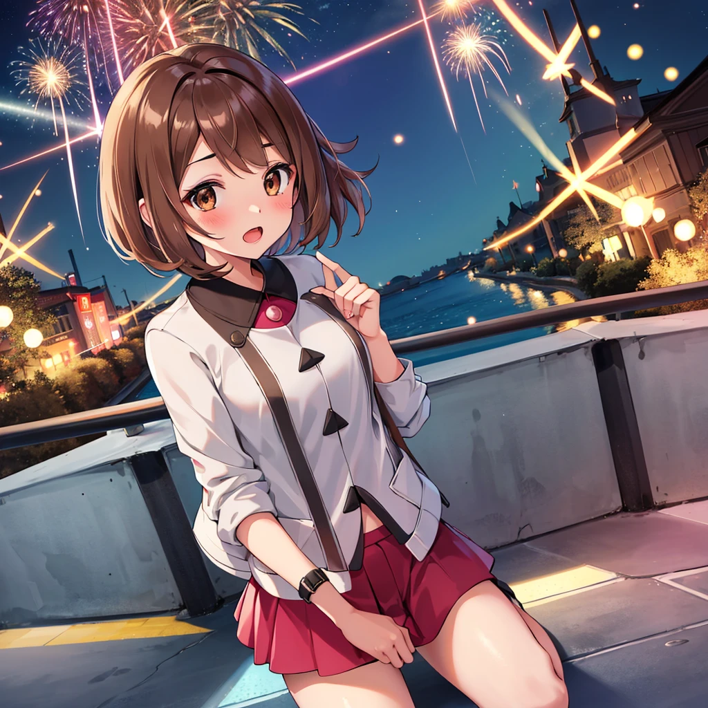 masterpiece, highest quality, High resolution, Gloria1, 1 Girl, Gloria\(Pokémon\), Brown Hair, , Brown Eyes, , Short Hair, , Bobcut, bangs, , 　１Describe a girl carefully　１Girl　Expression in love　blush　Open Mouth　blush　In town　Jacket　shirt　mini skirt　Night Moon　firework　Festivals