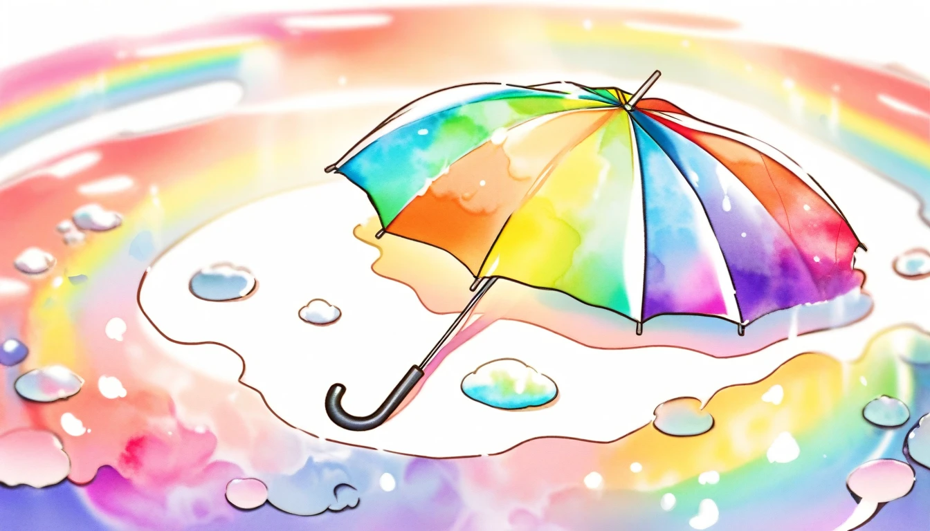 An umbrella lying on a white background, in puddle, rainbow watercolor style umbrella.
