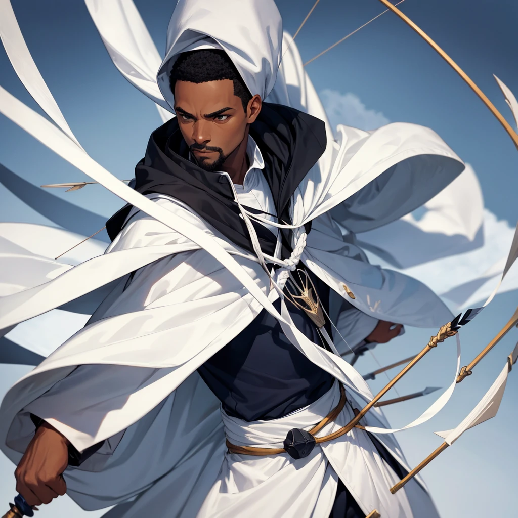 Black man character in white cloak with navy symbol using bow and arrows 