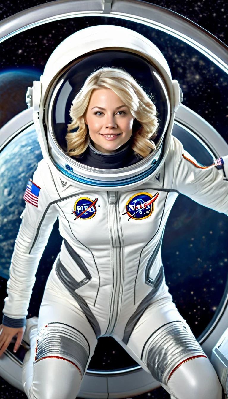 photorealistic woman,  age 30, nordic, blond wavy hair, athletic, dressed as astronaut, hover in a spaceship 