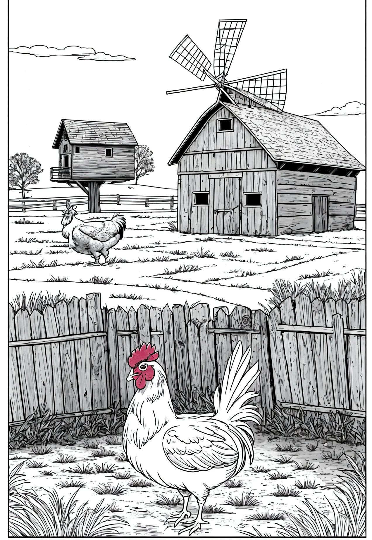 Book page coloring art, All-white background, Use only outlines, line art, coloring book, Clean line art, For coloring Simple and clean line art, coloring book page, perfect symmetric details, Rustic Barn: A classic barn with hay bales inside, a windmill in the background turning in the breeze, chickens pecking on the ground, and a rooster crowing on a fence post.

