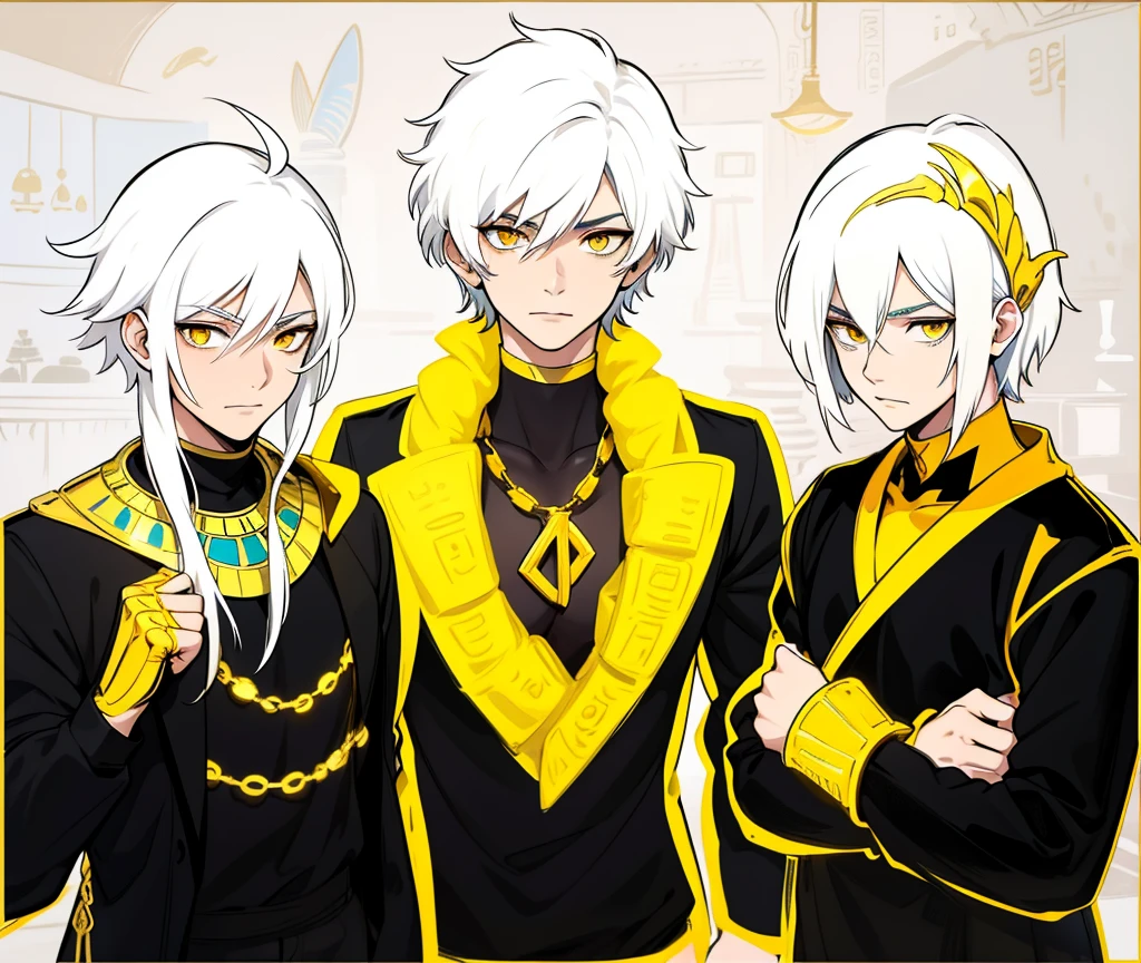 There are 5 Egyptian gods, they are intimidating one of them. They have a youthful appearance of 17 years old, white hair, big yellow eyes, they have golden jewelry, black and yellow clothes, in the background you can see an Egyptian room.
