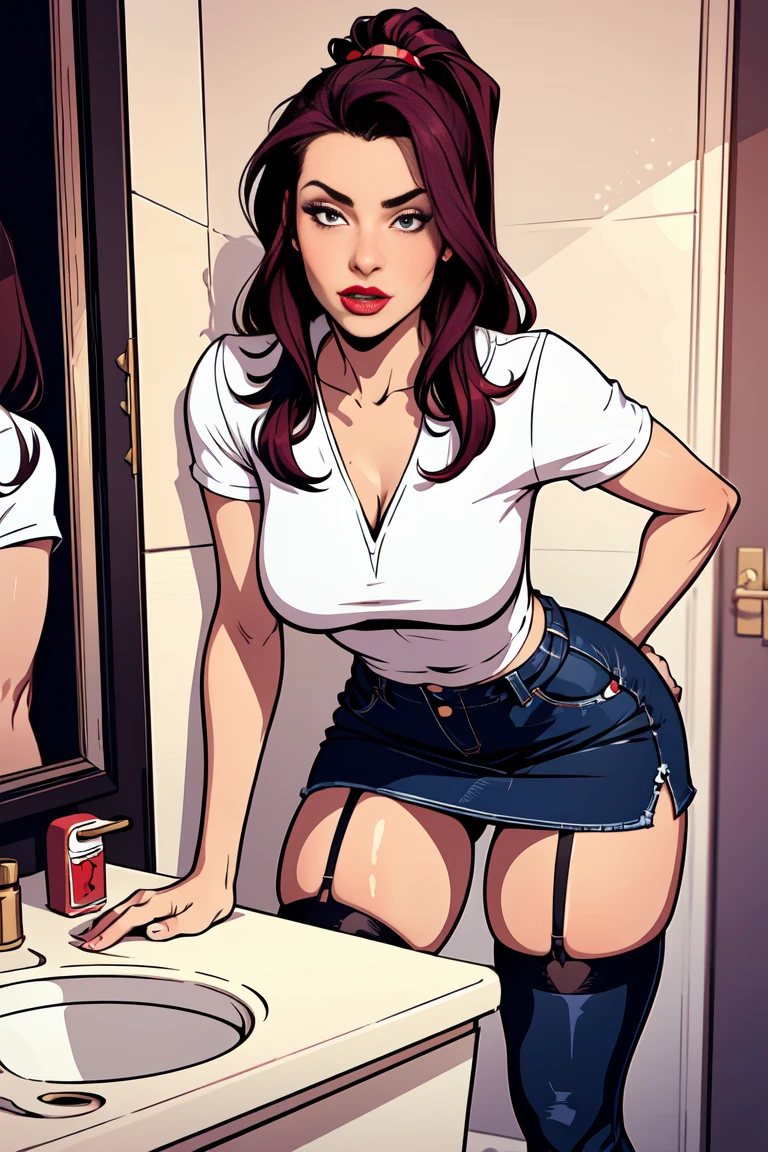 (vector:1.2), smart modest 14-years-old girl,wrinkles,jeans skirt,stockings with garters, in restroom,, red lips, provocative pose, vivid colors