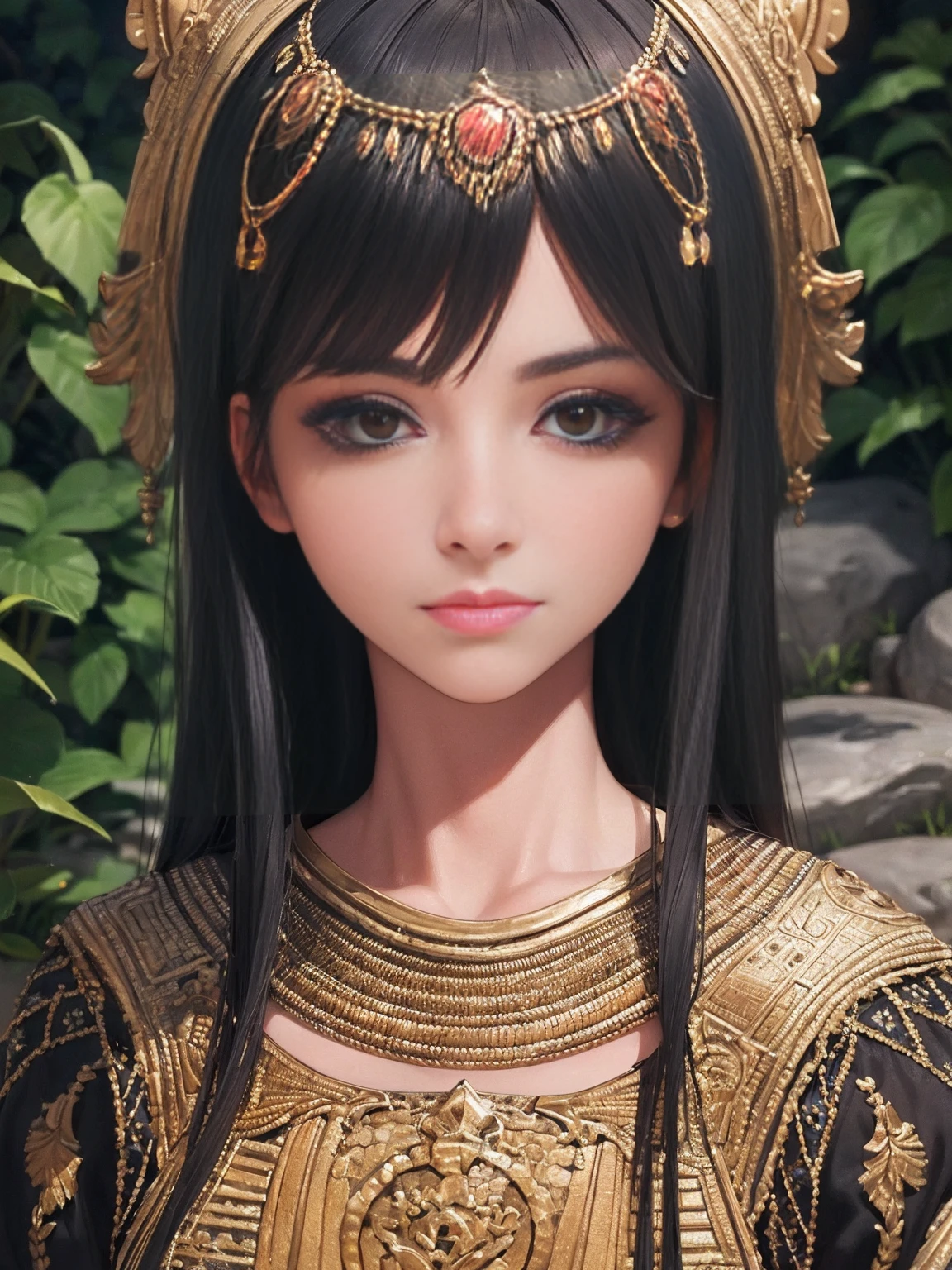 Best quality, Masterpiece, Ultra High Resolution, (Fidelity:1.2), (Realistic:1.3), 1woman, mature Egyptian woman, green eyes, black hair flaps, portrait, solo, upper body, looking at viewer, detailed background, detailed face, ancient Egyptian theme, feral jungle warrior, pink tribal clothing, obsidian, defensive stance, stone knife, bushes, poisonous plants, rocks,  humid climate, darkness, cinematic atmosphere,
dark chamber, dim light (zentangle, mandala, tangle, entangle), (golden and green tone:0.5)
(35mmstyle:1.1), front, masterpiece, 1970s film, cinematic lighting, photo-realistic, high frequency details, 35mm film, (film grain), film noise,Shiny_skin,egyptian