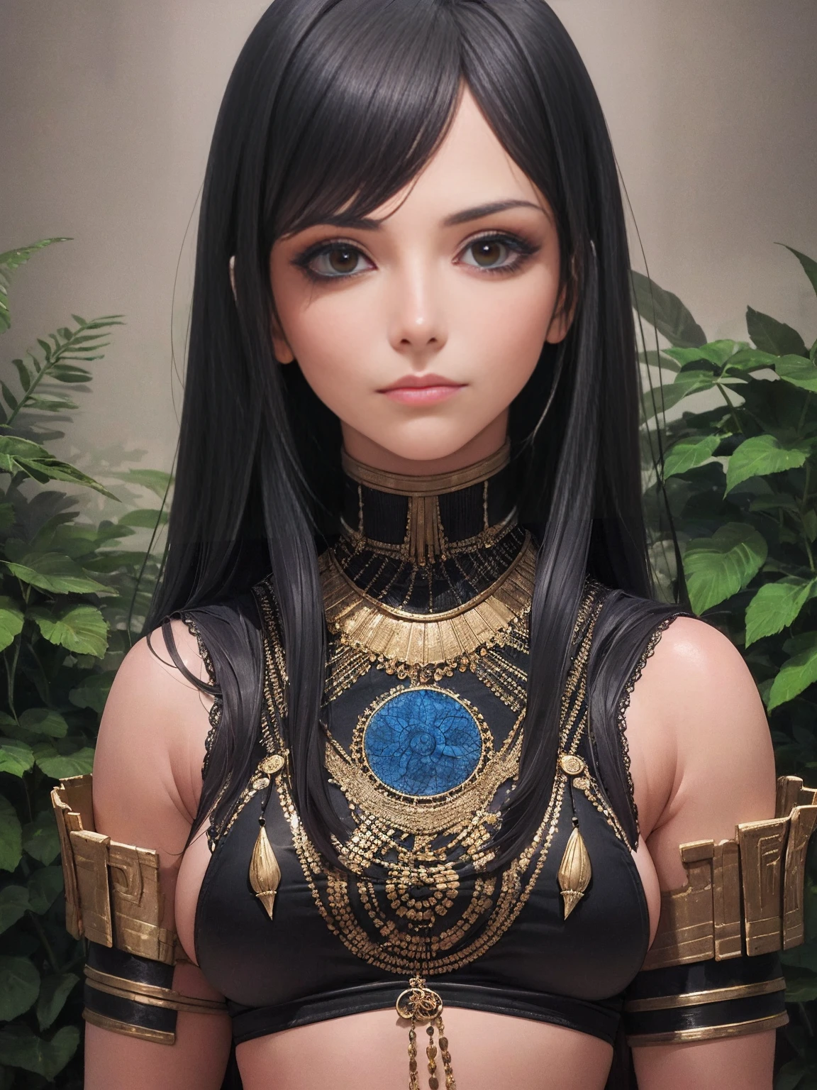 Best quality, Masterpiece, Ultra High Resolution, (Fidelity:1.2), (Realistic:1.3), 1woman, mature Egyptian woman, green eyes, black hair flaps, portrait, solo, upper body, looking at viewer, detailed background, detailed face, ancient Egyptian theme, feral jungle warrior, pink tribal clothing, obsidian, defensive stance, stone knife, bushes, poisonous plants, rocks, humid climate, darkness, cinematic atmosphere,
dark chamber, dim light (zentangle, mandala, tangle, entangle), (golden and green tone:0.5)
(35mmstyle:1.1), front, masterpiece, 1970s film, cinematic lighting, photo-realistic, high frequency details, 35mm film, (film grain), film noise,Shiny_skin,egyptian