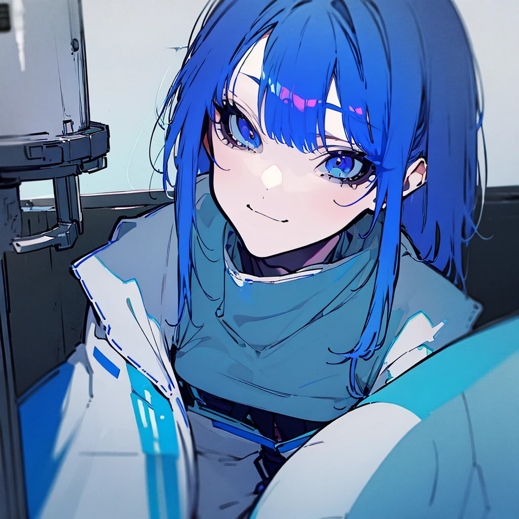 A blue-haired girl giving counseling in a counseling room. She has a cold expression and is smiling. Her clothes are cyberpunk. She is looking at herself. She is holding her chin.