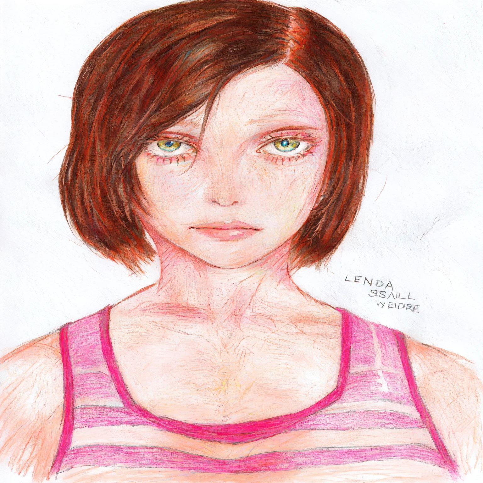 um desenho de uma mulher com sardas e uma regata rosa, drawn with colored pencilss, desenho colorido, Ellie from the The last of us, Chell do portal, um desenho a colored pencils, colored pencil drawing, colored pencils sketch, retrato de lara croft, average: colored pencils, inspirado em Lydia Field Emmet, por Lena Alexander, Ellie (The last of us)