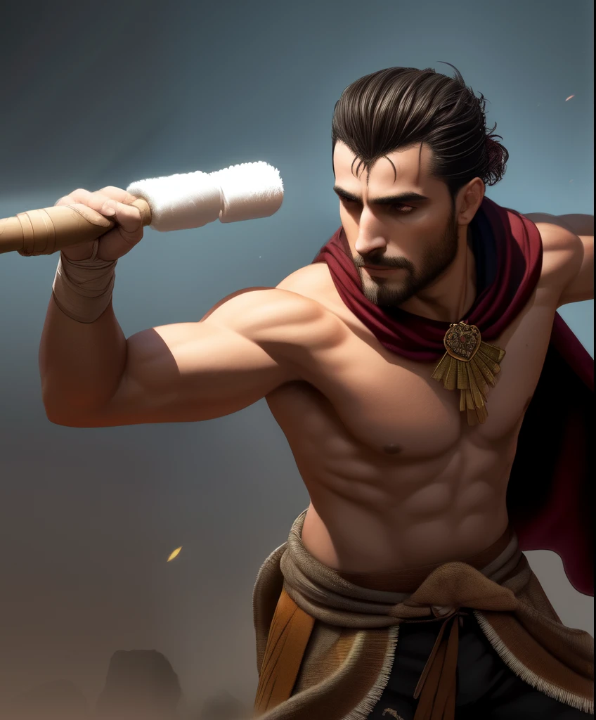 stomach \(furioso\), viril, cicatriz, dynamic angle, de cima, postura de combate correndo, forma de batalha de ataque, detritos flutuantes poeira pedras ventos, armaduras, cicatriz, bandages, cabelo preto, cape, foco masculino, Traditional media, tiro de vaqueiro, standing, (realista:1.4), octane rendering, (photorealista face), europeu, europeu face, sharp focus, (8K), (4k), (Obra de arte), (melhor qualidade), extremamente detalhado, intricado, hiper detalhado, (soft lighting), (specular lighting:1.4), cor vibrante, (ao ar livre), (catedral),