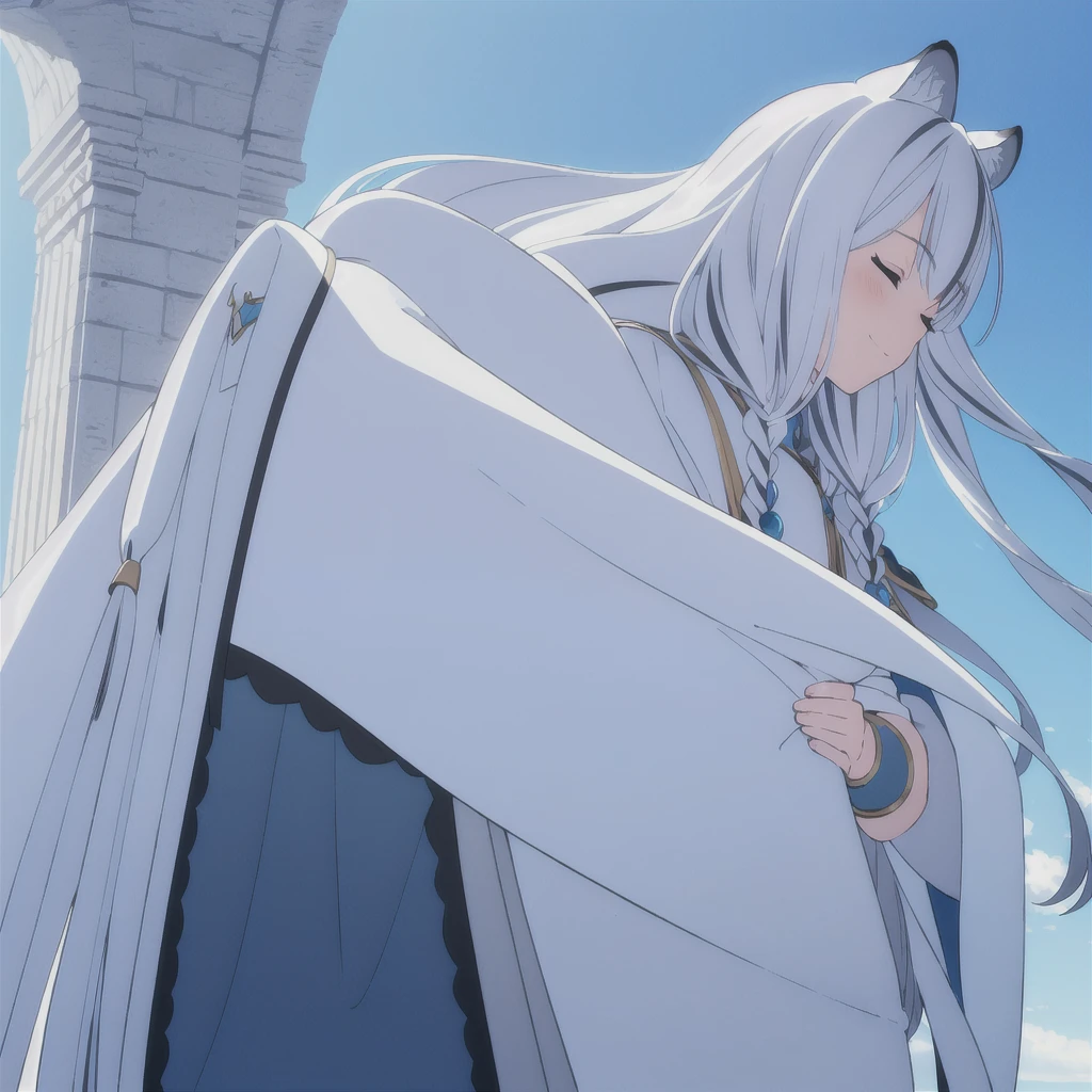 ((masterpiece)), (best quality), (ultra-detailed), photorealistic, (best illustration), ((an extremely delicate and beautiful)), 1girl, solo, long hair, tiger ears, [:tiger tail under:0.2], white hair, two-tone hair, full body, long blue cape, (Alternative outfit:1), platinum armor, cross-laced, standing, closed eyes, smile, black skirt, short sleeves, detailed scenery, blue sky, horizon, low twin braids, twin braids, hair ornament, bracelet, (knight outfit:0.9), blush, wearing white hood, Cute but Formidable, girl knight, armor on body, huge wings behind, necklate with crystal. 