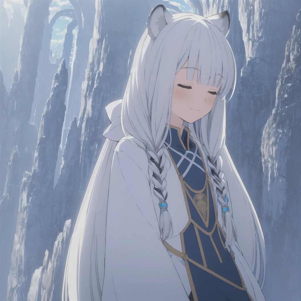 ((masterpiece)), (best quality), (ultra-detailed), photorealistic, (best illustration), ((an extremely delicate and beautiful)), 1girl, solo, long hair, tiger ears, [:tiger tail under:0.2], white hair, two-tone hair, full body, long blue cape, (Alternative outfit:1), platinum armor, cross-laced, standing, closed eyes, smile, black skirt, short sleeves, detailed scenery, blue sky, horizon, low twin braids, twin braids, hair ornament, bracelet, (knight outfit:0.9), blush, wearing white hood, Cute but Formidable, girl knight, armor on body, huge wings behind, necklate with crystal. 