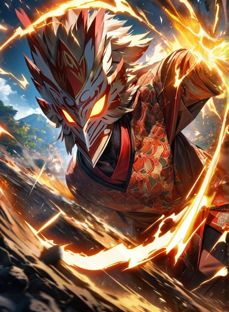 ,absurdres, highres, ultra detailed, HDR, masterpiece, extremely detailed face and eyes,Indonesian Super Hero costume,,red and white Garuda costume, Garuda eagle mask, , Indonesia batik pattern , solo, man, handsome, ,, , Epic fight scene, golden splashing effect, golden lightning effect,glowing glitters, explosive effect