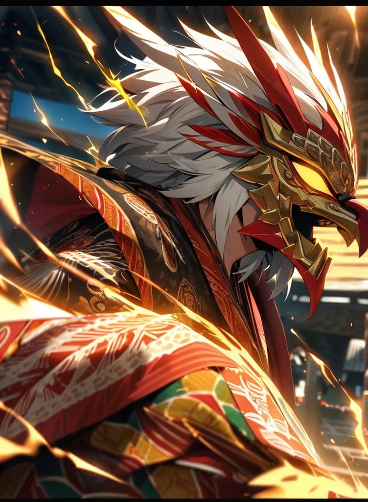 ,absurdres, highres, ultra detailed, HDR, masterpiece, extremely detailed face and eyes,Indonesian Super Hero costume,,red and white Garuda costume, Garuda eagle mask, , Indonesia batik pattern , solo, man, handsome, ,, , Epic fight scene, golden splashing effect, golden lightning effect,glowing glitters, explosive effect